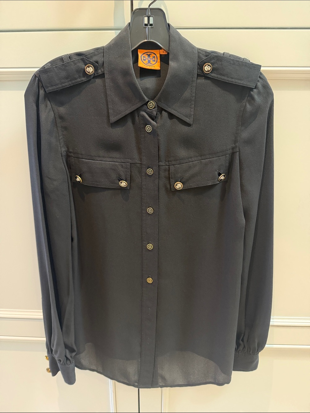 Tory Burch Black Long-Sleeve Silk Button-Down Shirt with Logo Buttons